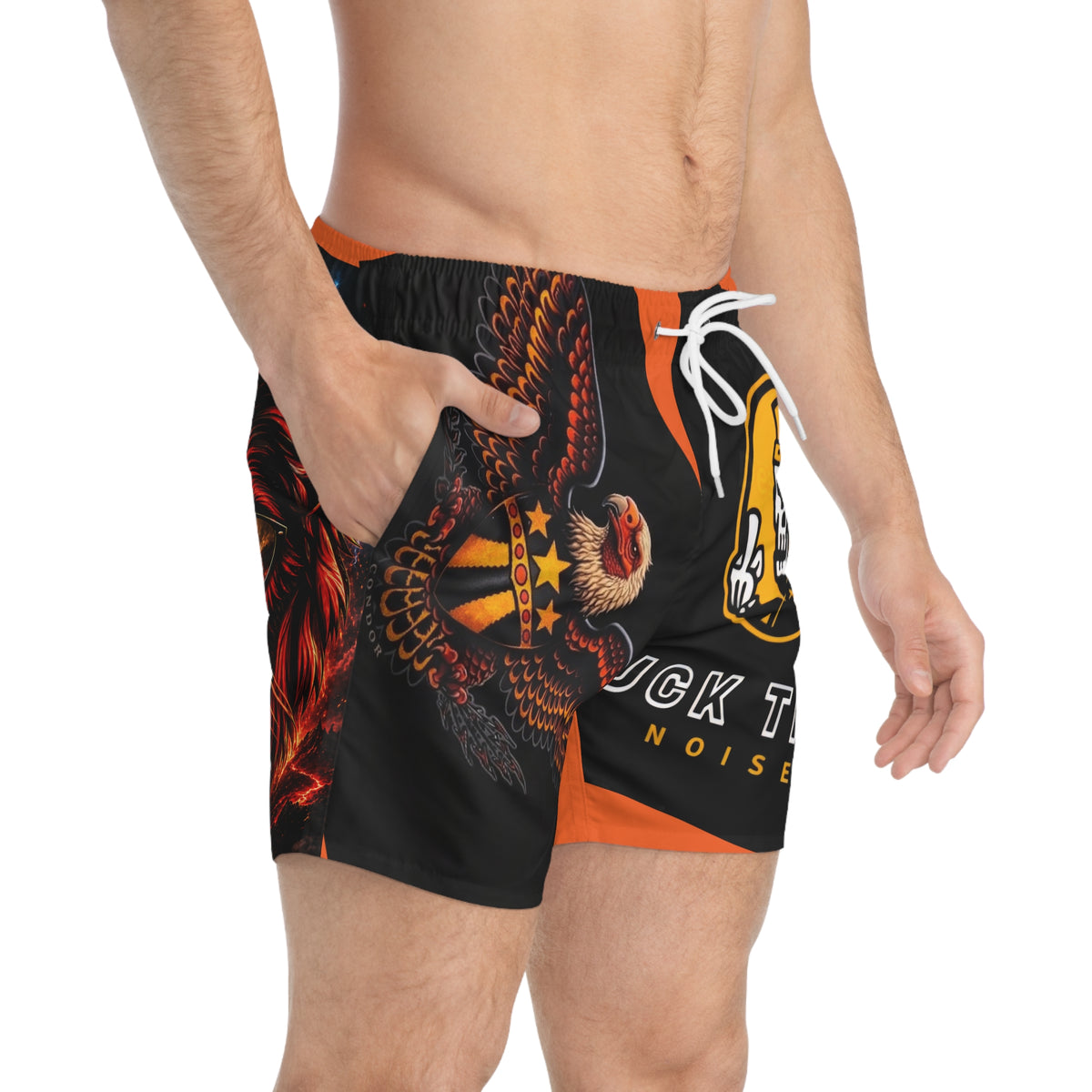 Men's Fire Lion & Eagle Graphic Swim Trunks — Bold Orange AOP Beach Shorts