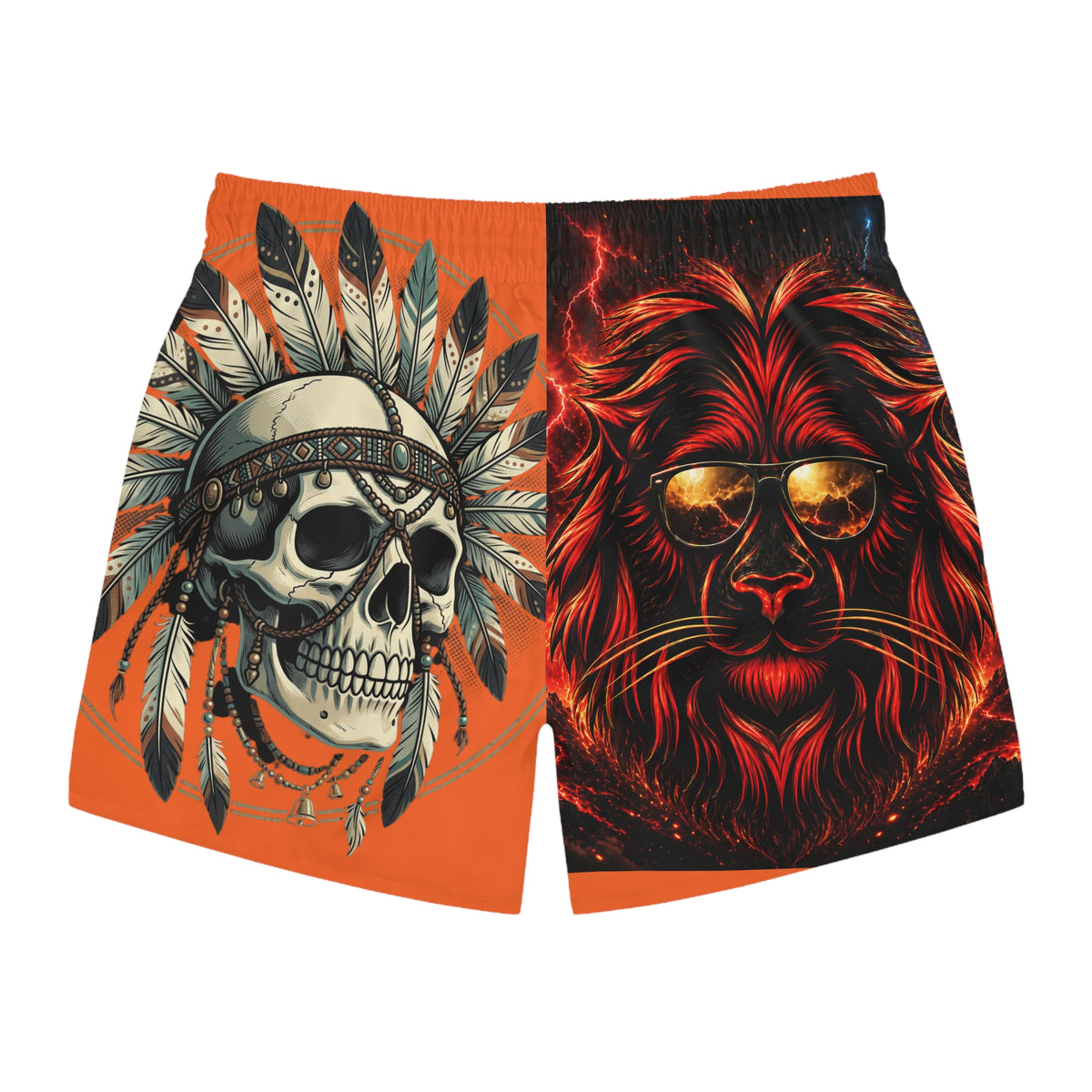 Men's Fire Lion & Eagle Graphic Swim Trunks — Bold Orange AOP Beach Shorts