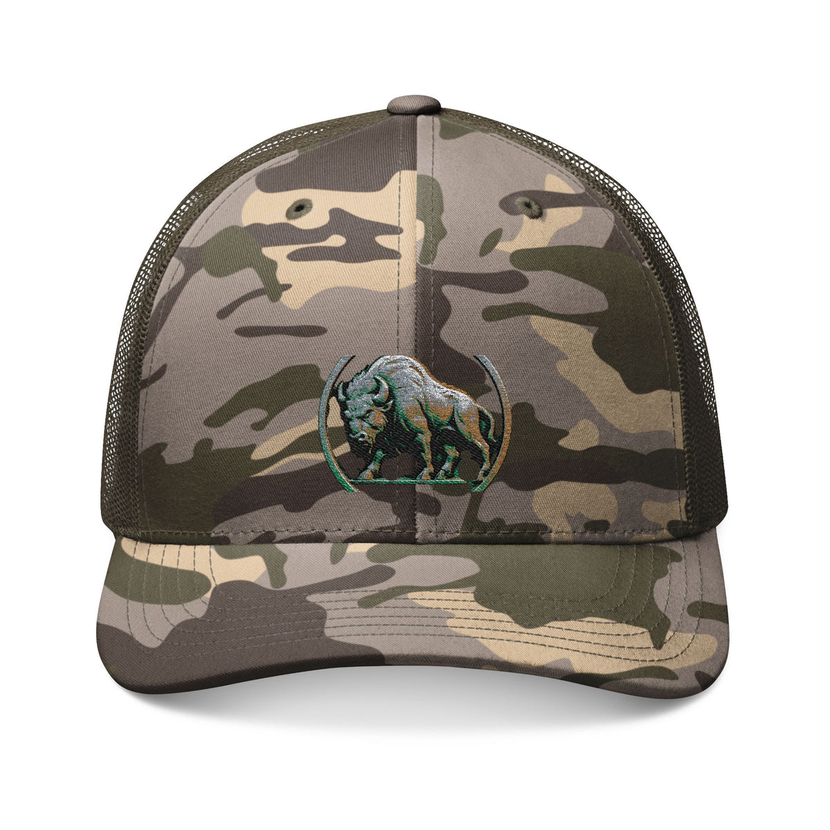 Camo Trucker Hat — Embroidered Bear Patch Cap
