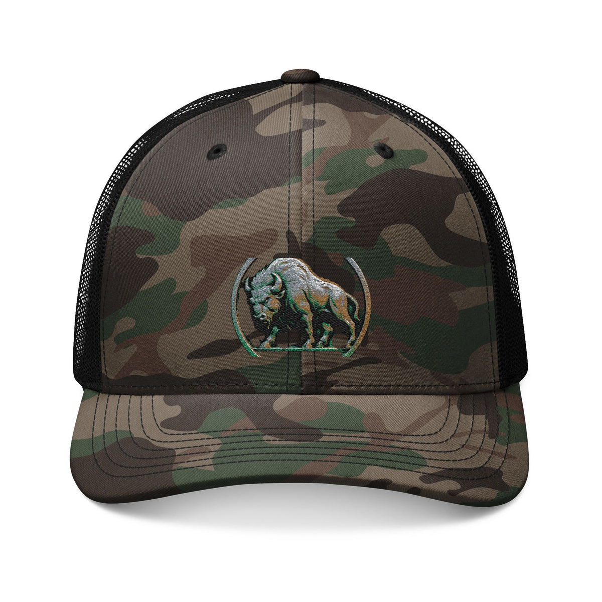 Camo Trucker Hat — Embroidered Bear Patch Cap