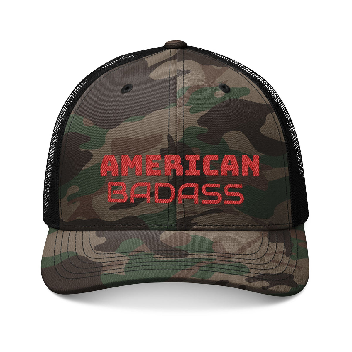 Camouflage Trucker Hat — Embroidered "AMERICAN" Camo Mesh Cap