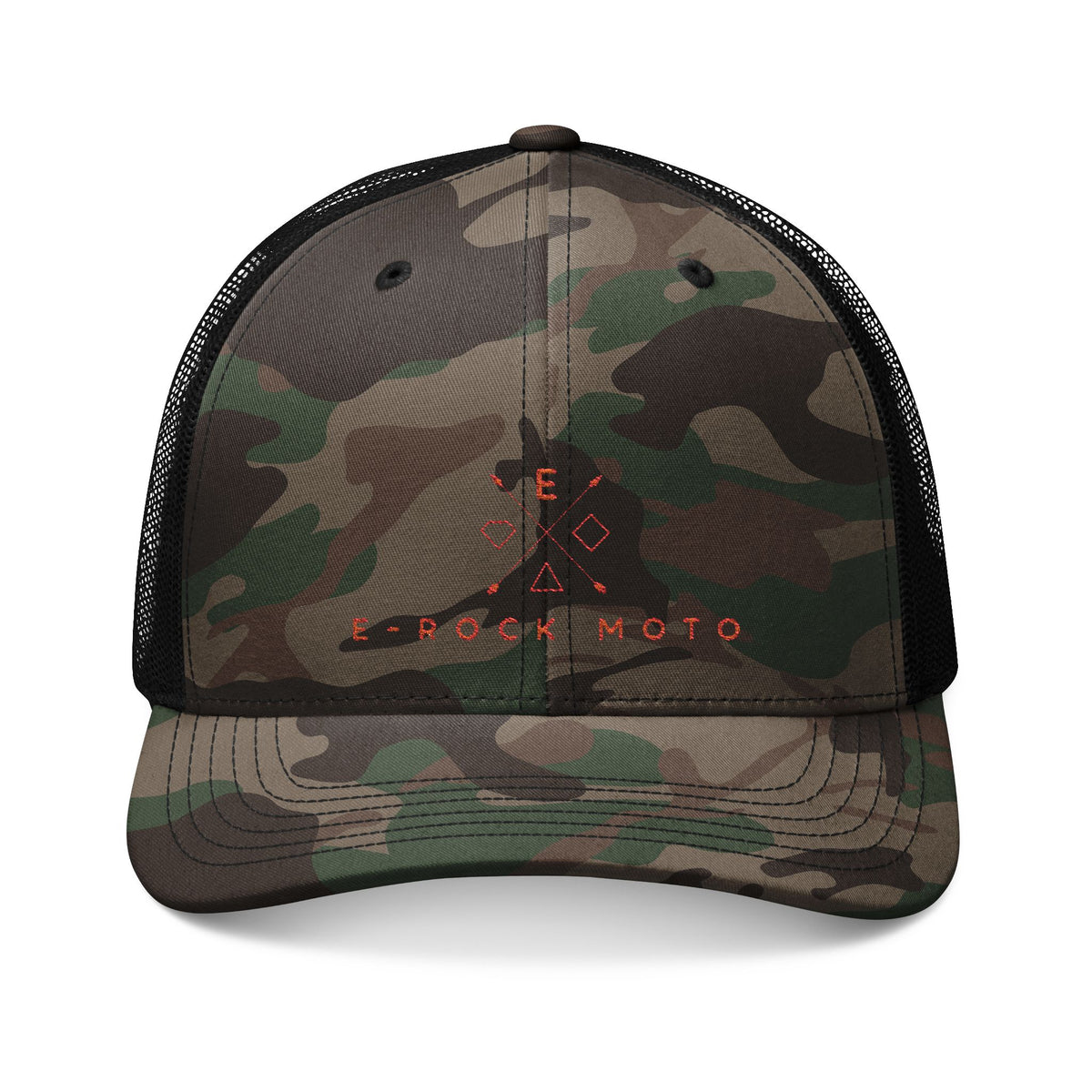 Camo Embroidered Trucker Hat — Rugged Outdoor Cap with Mesh Back