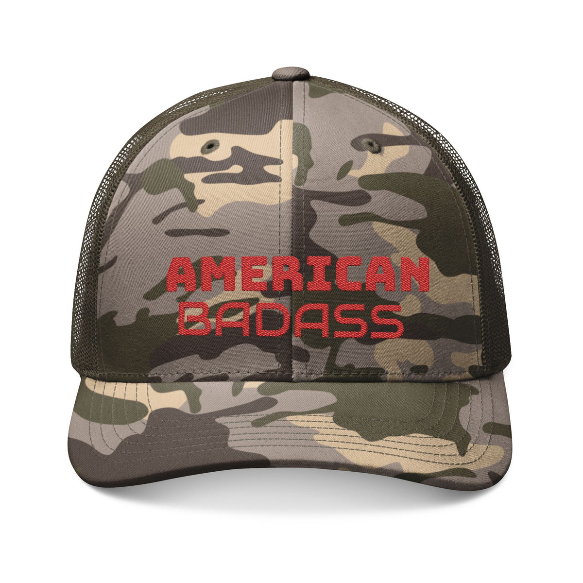 Camouflage Trucker Hat — Embroidered "AMERICAN" Camo Mesh Cap