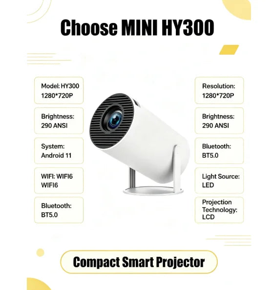 Mini HY300 Portable Projector Android 11 720P 4K Home Outdoor Cinema
