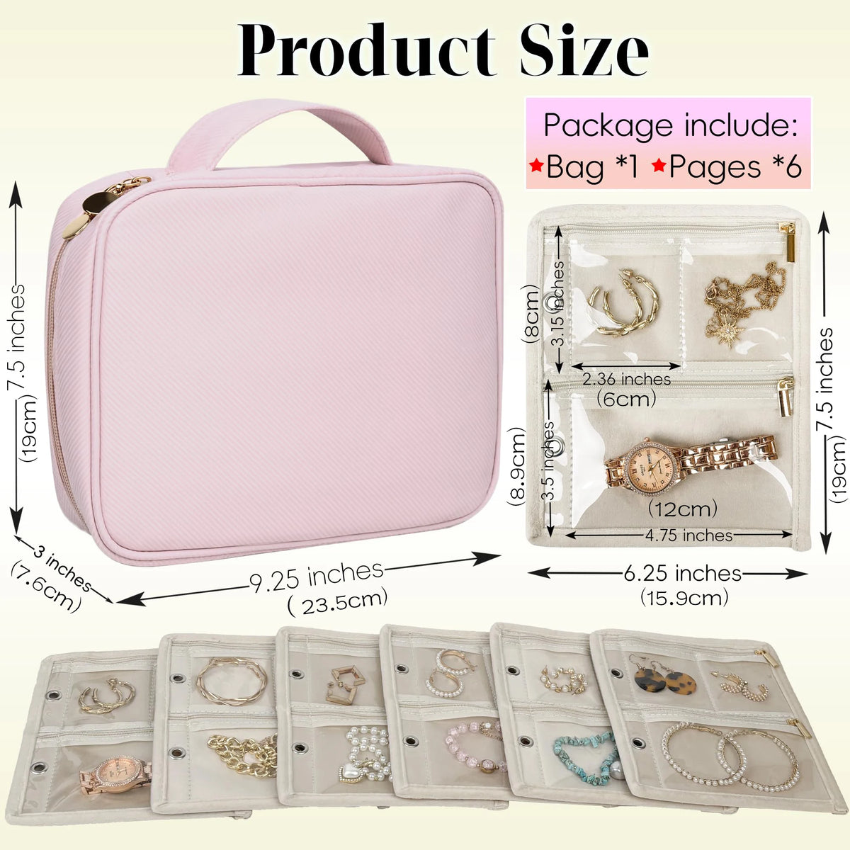 Travel Jewelry Organizer Case,Small Jewelry Bags Jewelry Storage Book Binder with Clear Zipper Velvet Pouch for Traveling,Pink