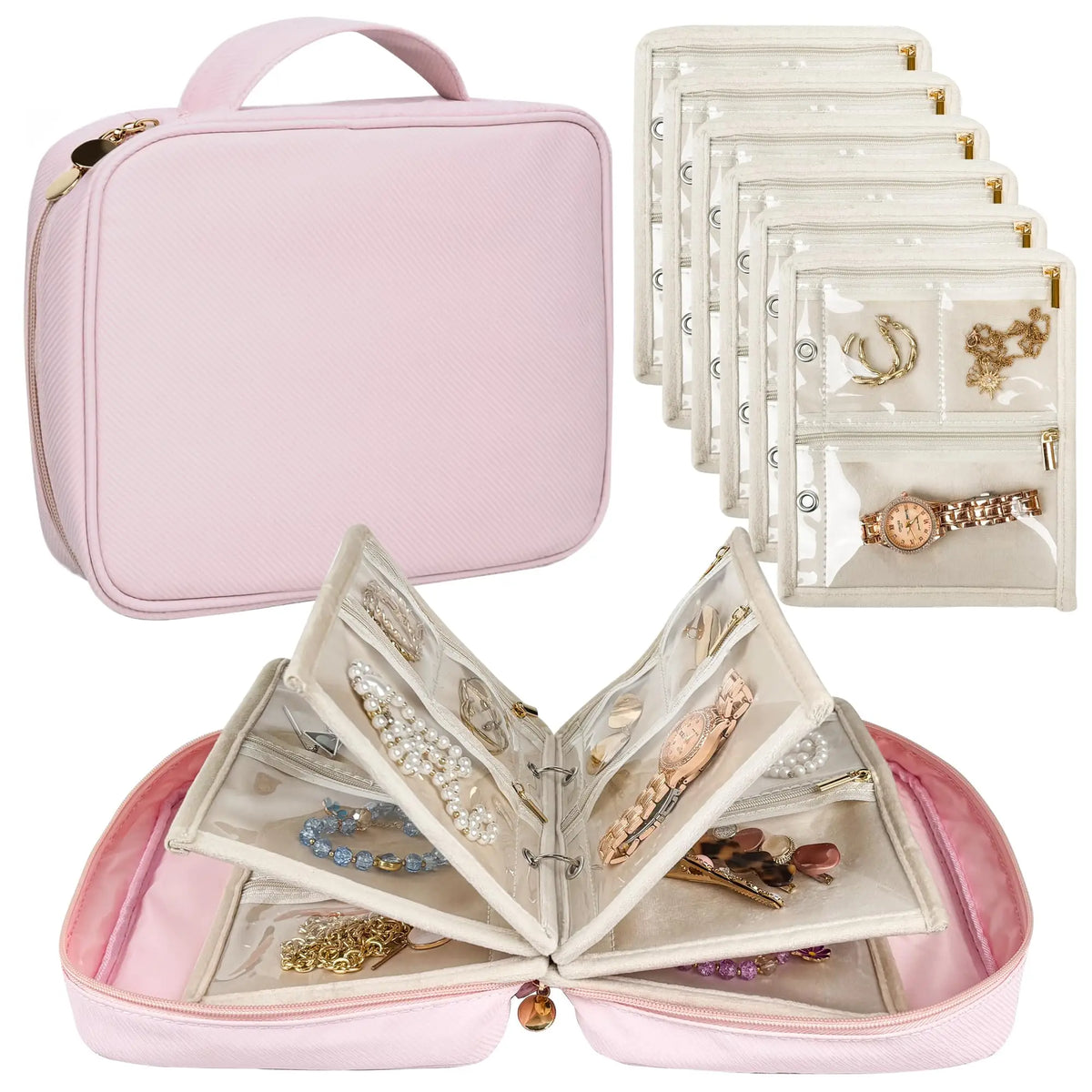 Travel Jewelry Organizer Case,Small Jewelry Bags Jewelry Storage Book Binder with Clear Zipper Velvet Pouch for Traveling,Pink