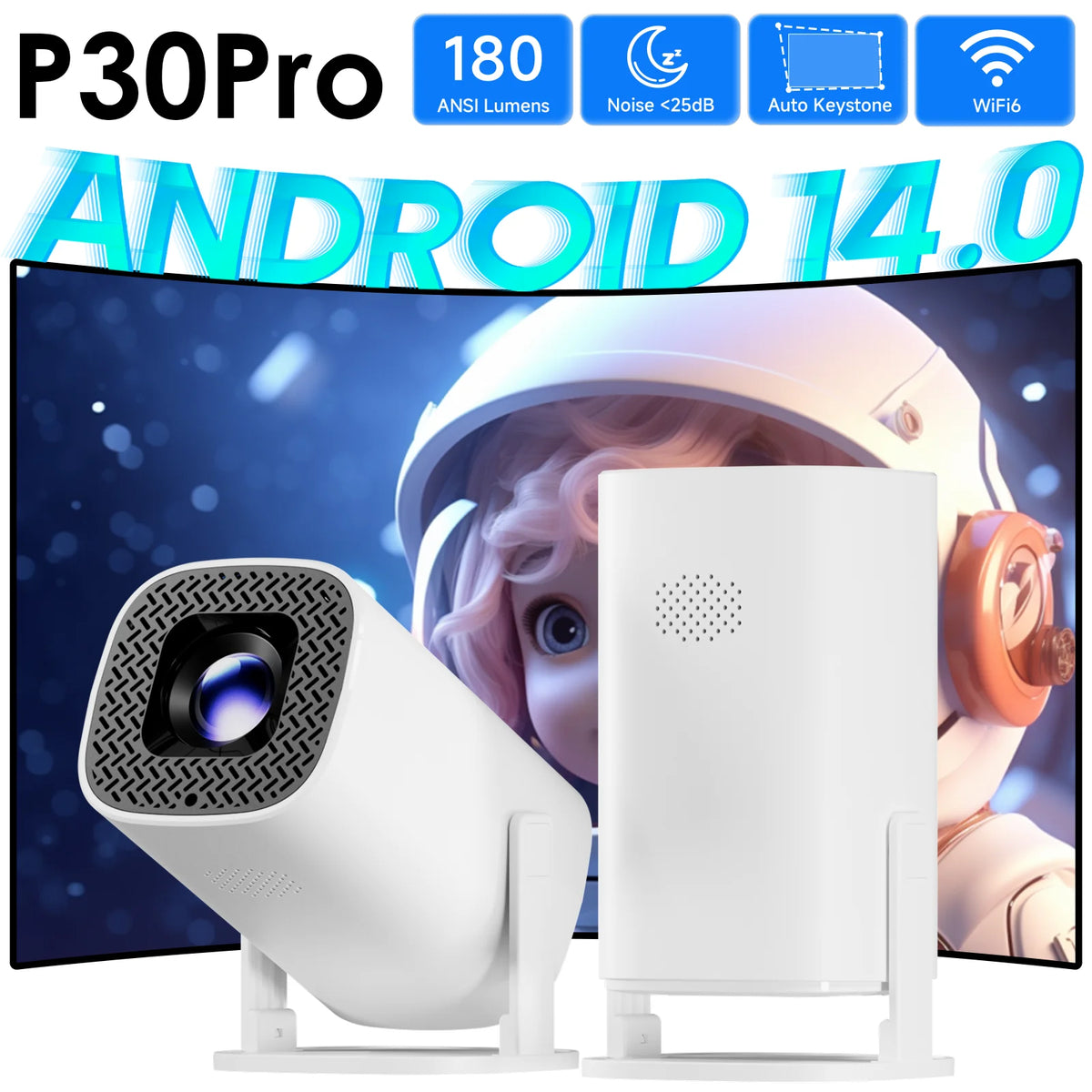 P30PRO Android 14 Smart Mini Projector 4K 1080p HD Video WiFi 6 BT5.0 Native 720p Home Theater Outdoor Portable Projector