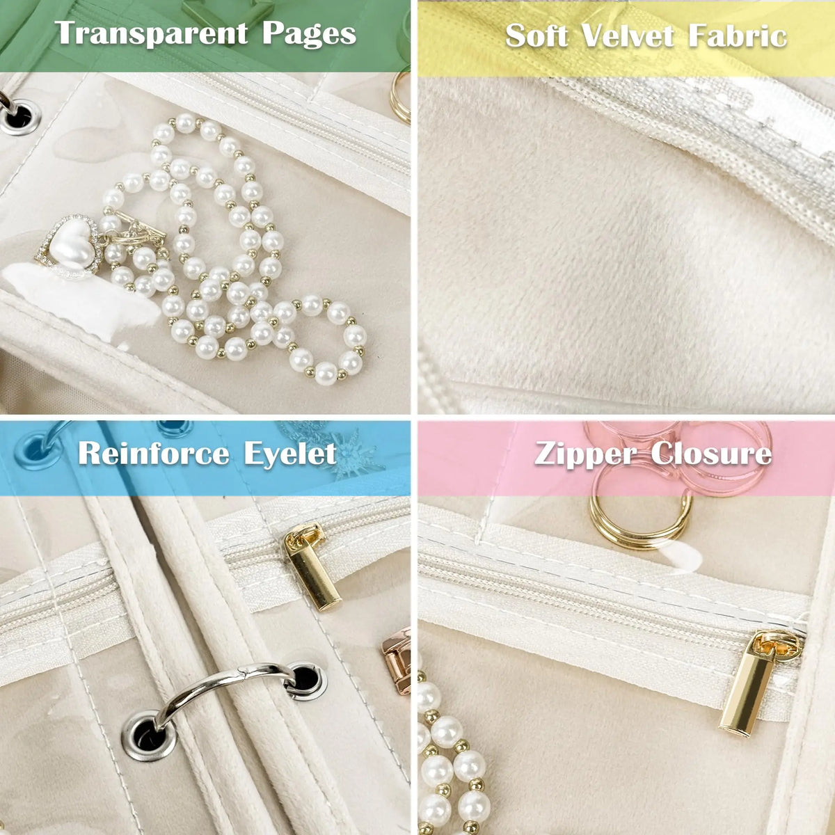 Travel Jewelry Organizer Case,Small Jewelry Bags Jewelry Storage Book Binder with Clear Zipper Velvet Pouch for Traveling,Pink