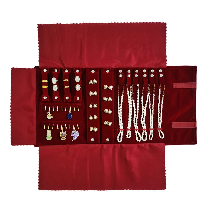 Travel Jewelry Organizer Portable Velvet Ring Earrings Pendant Necklace Holder Bracelet Carrying Storage Bag Foldable Roll Pouch