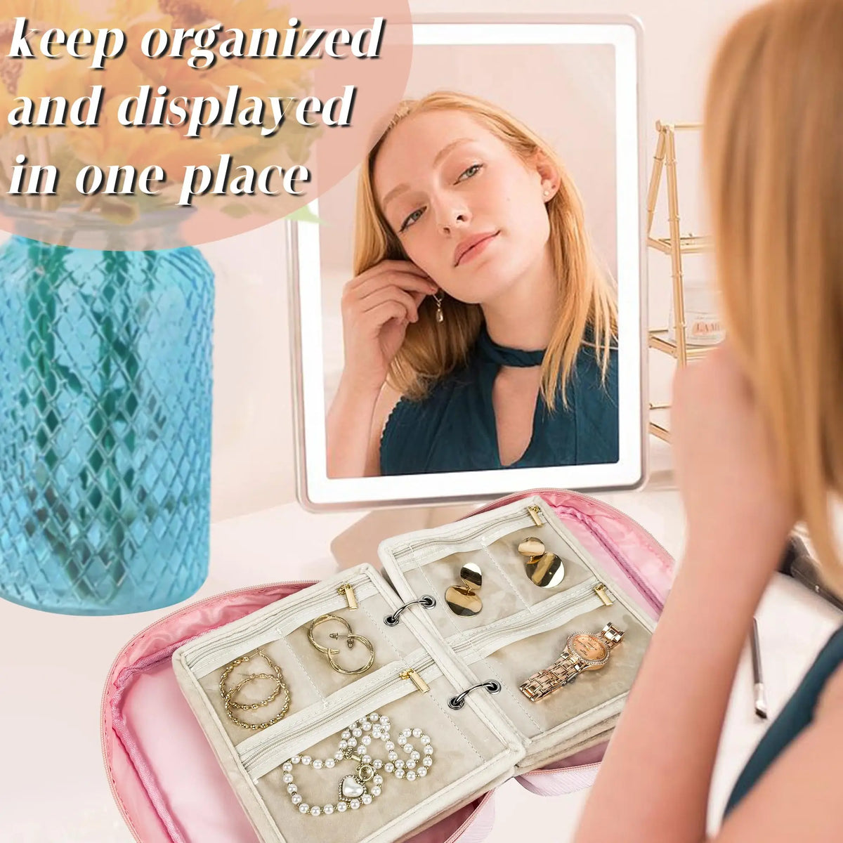Travel Jewelry Organizer Case,Small Jewelry Bags Jewelry Storage Book Binder with Clear Zipper Velvet Pouch for Traveling,Pink