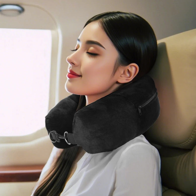 Travel Neck Pillow with Fillable Clothing U-Shaped Pillowcase, Extra Storage Bag, Velvet Neck Pillow Cover for Airplane Travel