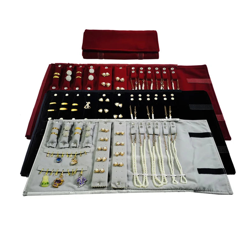 Travel Jewelry Organizer Portable Velvet Ring Earrings Pendant Necklace Holder Bracelet Carrying Storage Bag Foldable Roll Pouch
