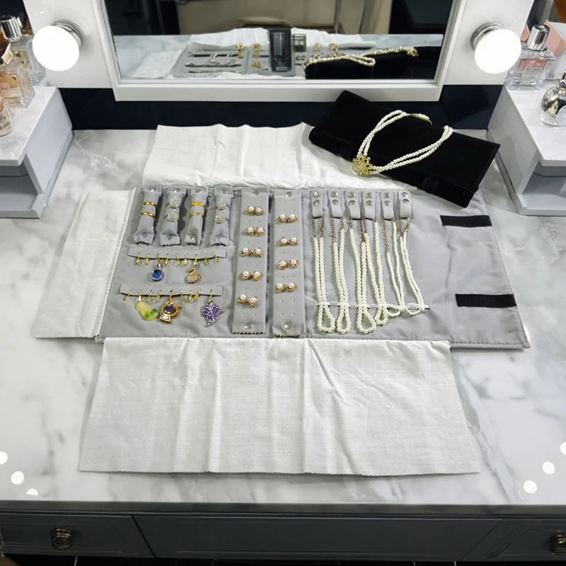 Travel Jewelry Organizer Portable Velvet Ring Earrings Pendant Necklace Holder Bracelet Carrying Storage Bag Foldable Roll Pouch
