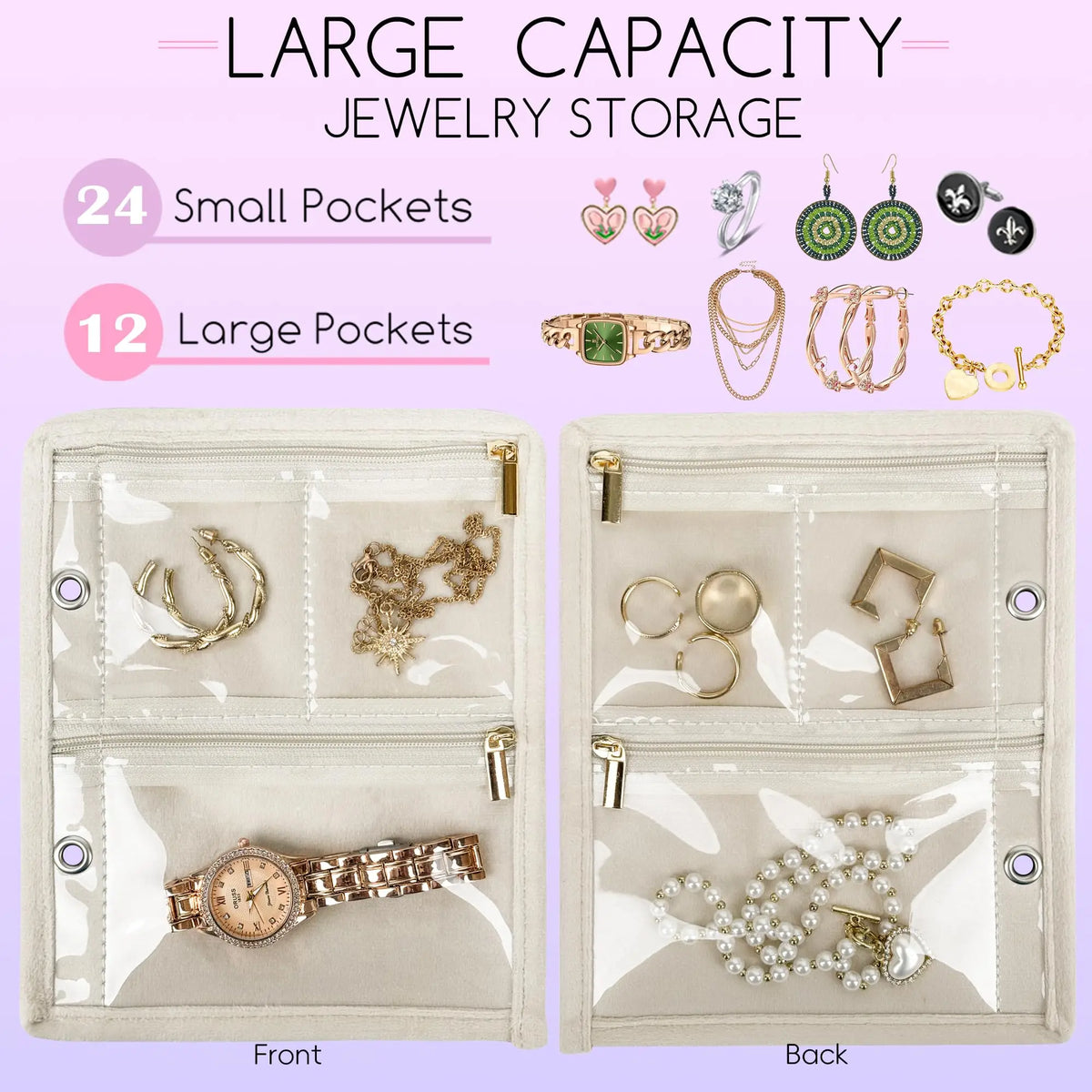 Travel Jewelry Organizer Case,Small Jewelry Bags Jewelry Storage Book Binder with Clear Zipper Velvet Pouch for Traveling,Pink