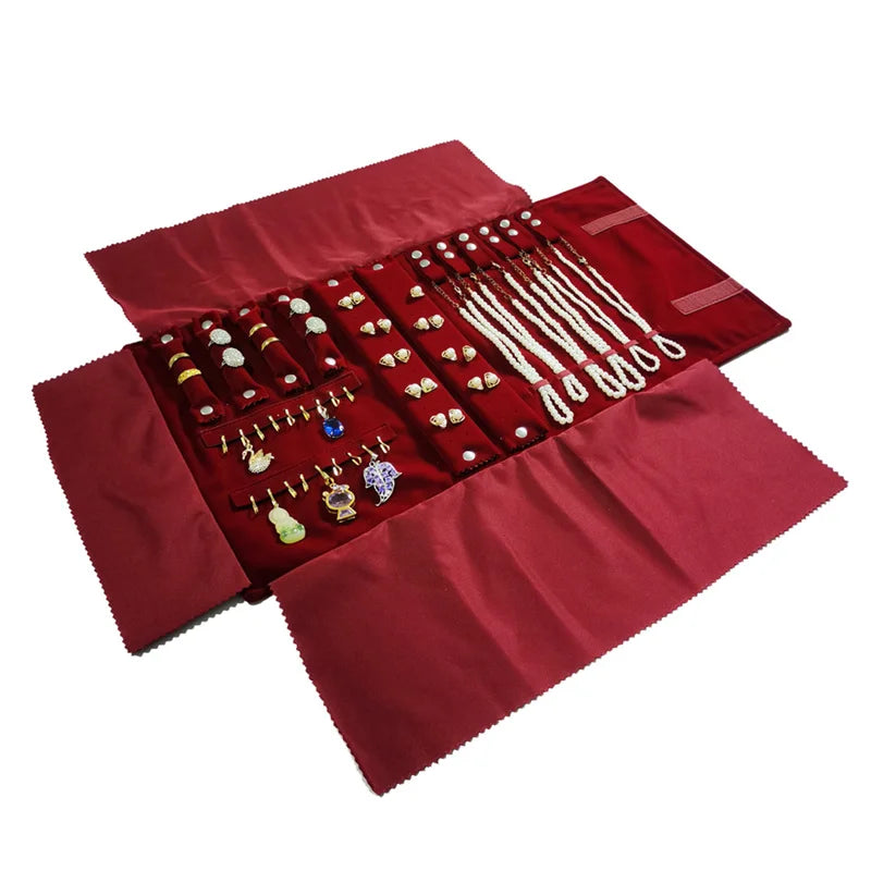 Travel Jewelry Organizer Portable Velvet Ring Earrings Pendant Necklace Holder Bracelet Carrying Storage Bag Foldable Roll Pouch