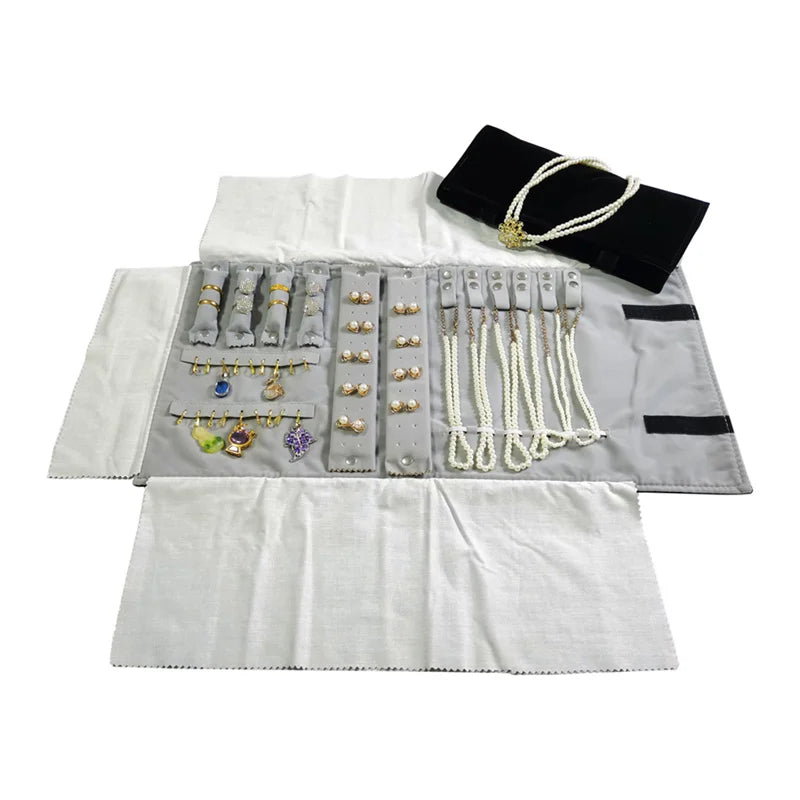 Travel Jewelry Organizer Portable Velvet Ring Earrings Pendant Necklace Holder Bracelet Carrying Storage Bag Foldable Roll Pouch