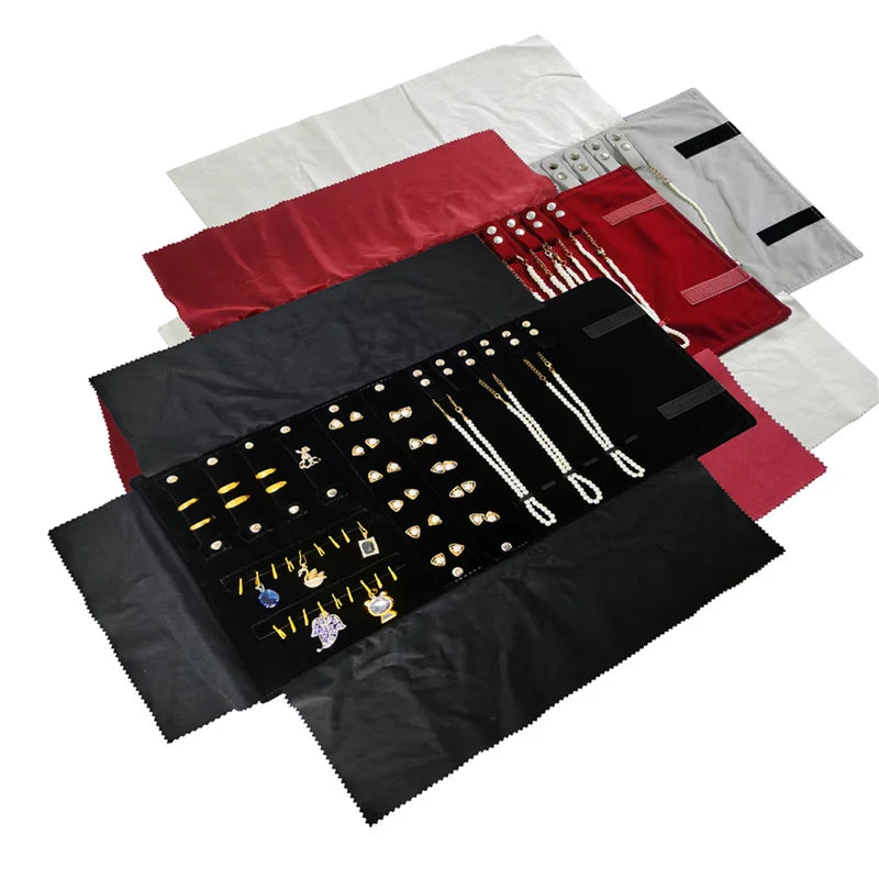 Travel Jewelry Organizer Portable Velvet Ring Earrings Pendant Necklace Holder Bracelet Carrying Storage Bag Foldable Roll Pouch
